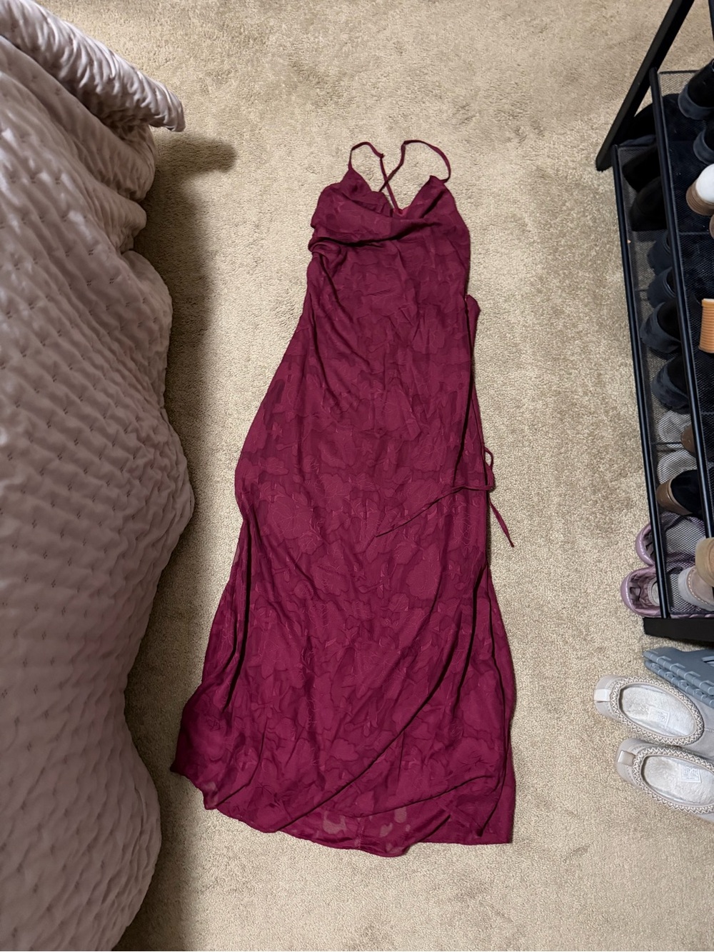 Sleeveless Burgundy Slip Dress with Floral Texture with Cowl Neckline